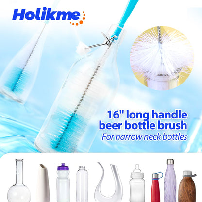Holikme Bottle Brush Tube Cleaning Lab Set with Long Handle, Cup Cleaner for Washing Narrow Neck Beer Wine Decanter Pipes Lids Sinks Cap Covers, Green