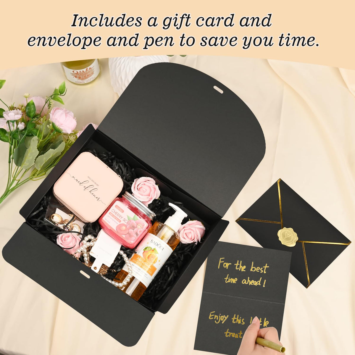 WLUSEAXI 10 Pack Black Gift Boxes with Lid, Bridesmaid Proposal Box with Cards and Envelopes Metal Pen Sticker for Groomsmen Proposal,Birthday,Wedding, Mother's Day 10.6×8×3.1 Inch