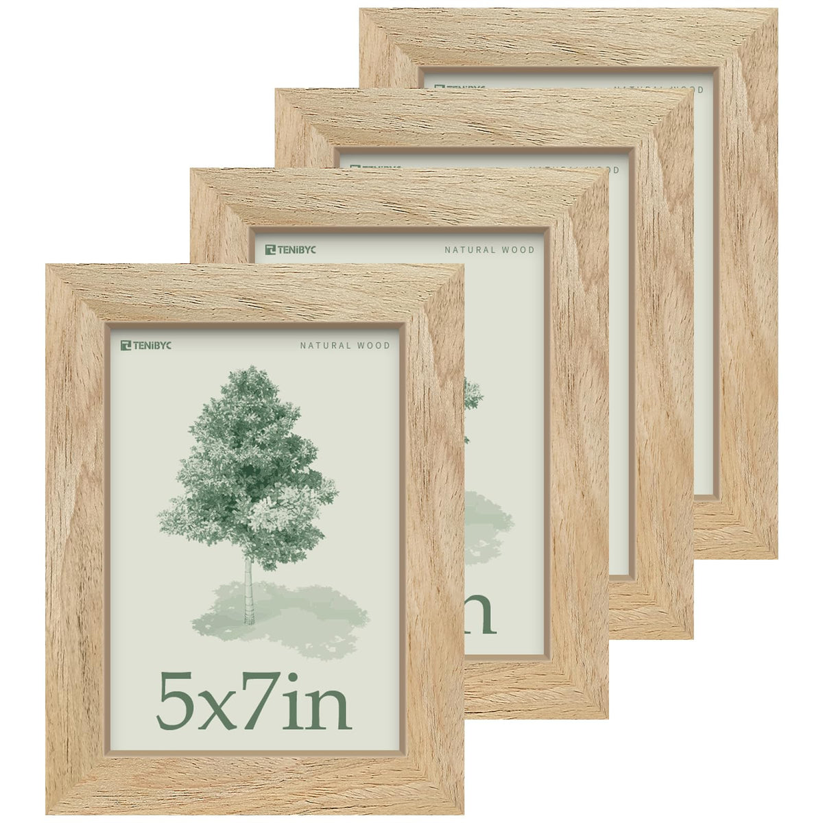 TENIBYC 5x7 Picture Frame 4 Pack, Natural Wood Photo Frame, HD Tempered Glass, Table Display or Wall Hanging