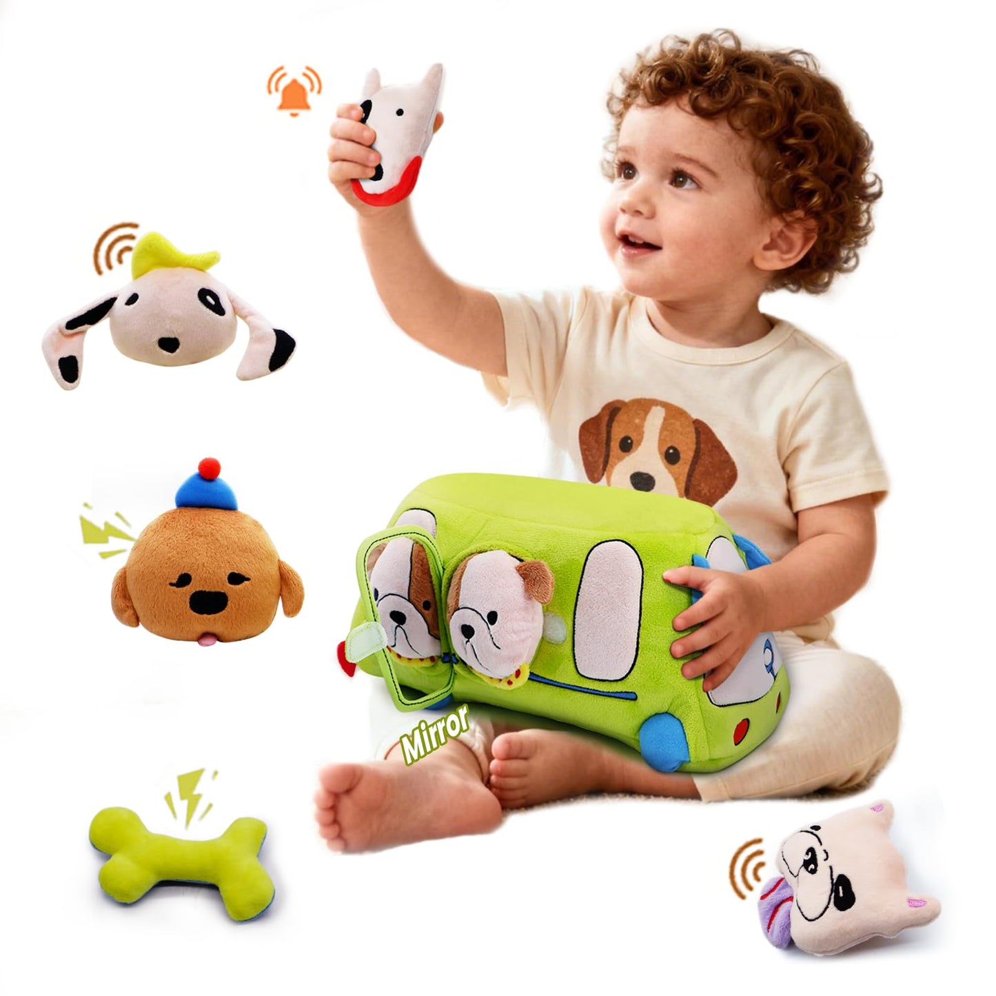 BizyKoady Baby Toys 6-12 Months - Sensory Toys Bus with Stuffed Puppies, Rattle, Crinkle Paper, Mirror & Squeaker, Montessori Toys for 6 Month Old Babies, Sensory Balls Toddlers 1-3