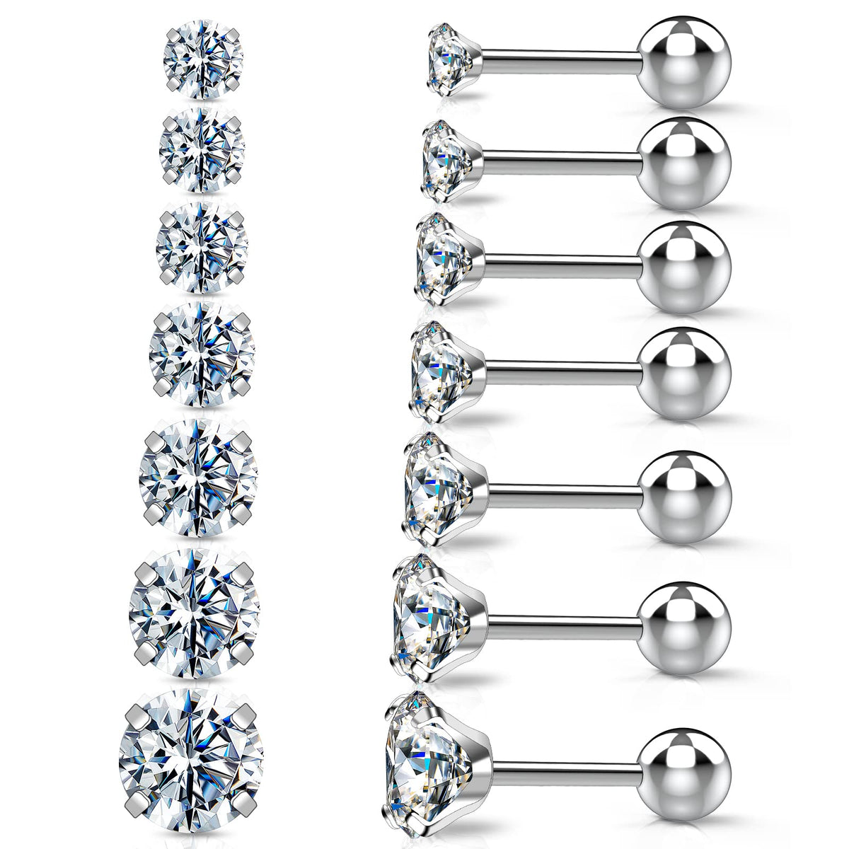 Stud Hoop Earrings Set 7 Pairs Hypoallergenic Cubic Zirconia Titanium Stainless Steel Silver Rose Gold Black 2-8mm CZ Cartilage Helix Flatback Ball Stud Hinged Sleeper Hoop Earrings Sets for Women Men