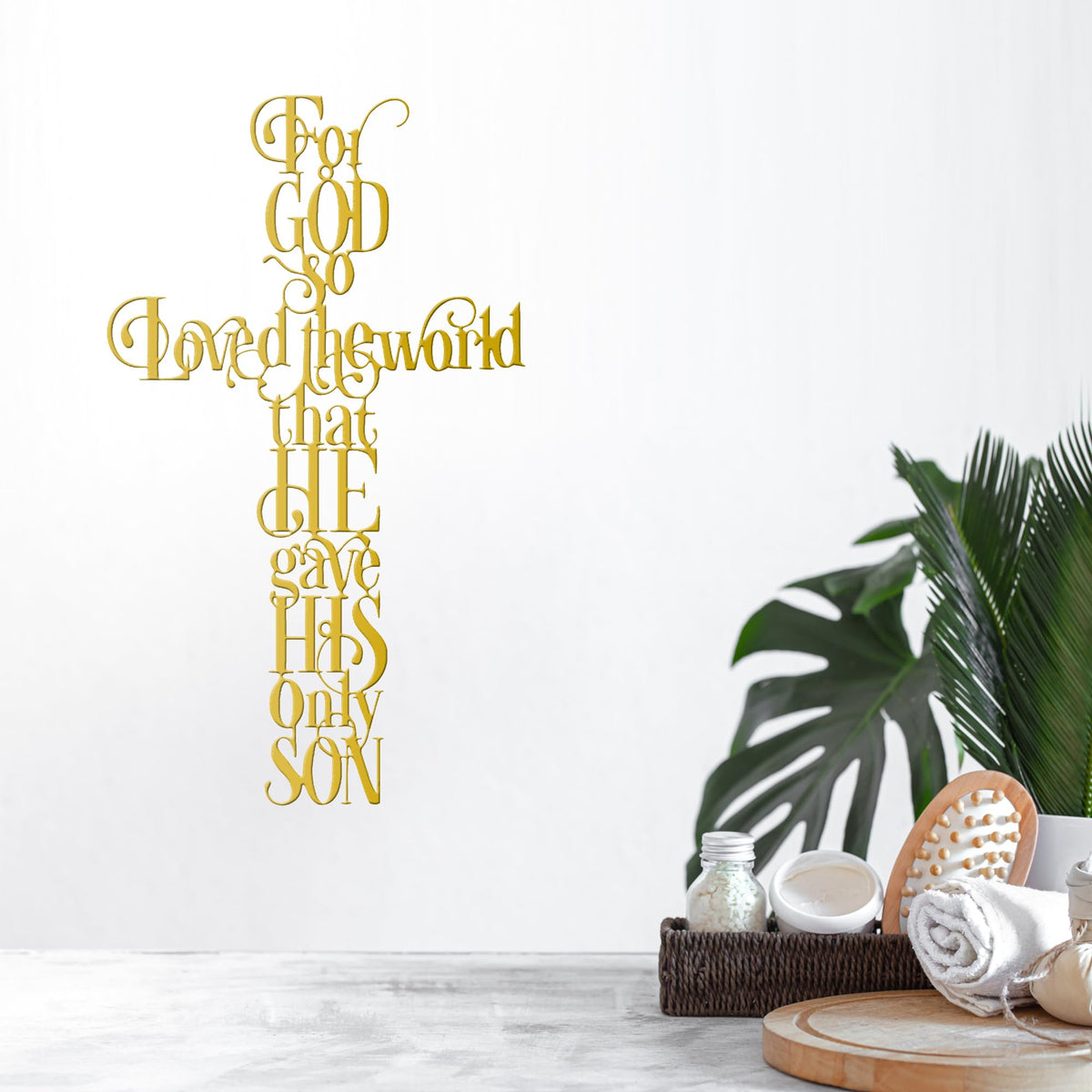 Rajukit Jesus Wall Art, Gold Cross Wall Decor with For God So Loves the World Quote, Religious Cross Decor for Home, Office, Cafe, Elegant Metal Wall Sculpture Gift