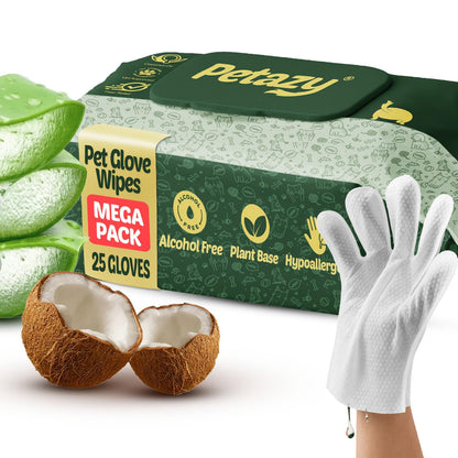Petazy Pet Glove Wipes for Dogs & Cats – Hypoallergenic Thick Cleaning Gloves with Aloe & Coconut Oil for Paws, Face, Ears & Butt, Instant No Rinse Grooming Wipes to Deodorize and Hydrate, 25 Pack