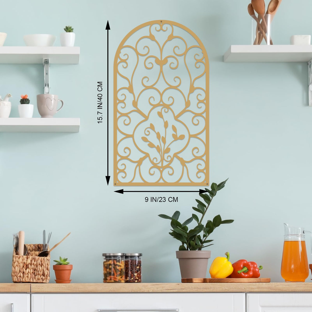 Resama 2 Pcs Scroll Home Wall Decor, Rustic Metal Wall Decor Arch Design Modern Farmhouse Wall Sculptures Hanging for Living Room Bedroom Hallway Kitchen (Gold, 15.7" X 9")