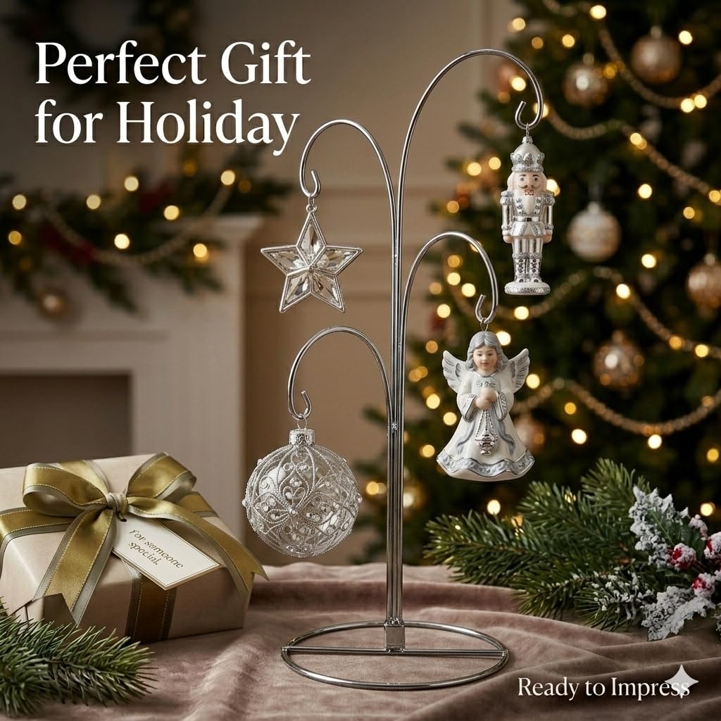 HOHIYA Ornament Display Stand 12 Inch 2 Pack 4-Arm Metal Ornament Holder for Christmas Decorations Crystal Ball Hanging Ornaments Jewelry Display Stand Chrome Silver