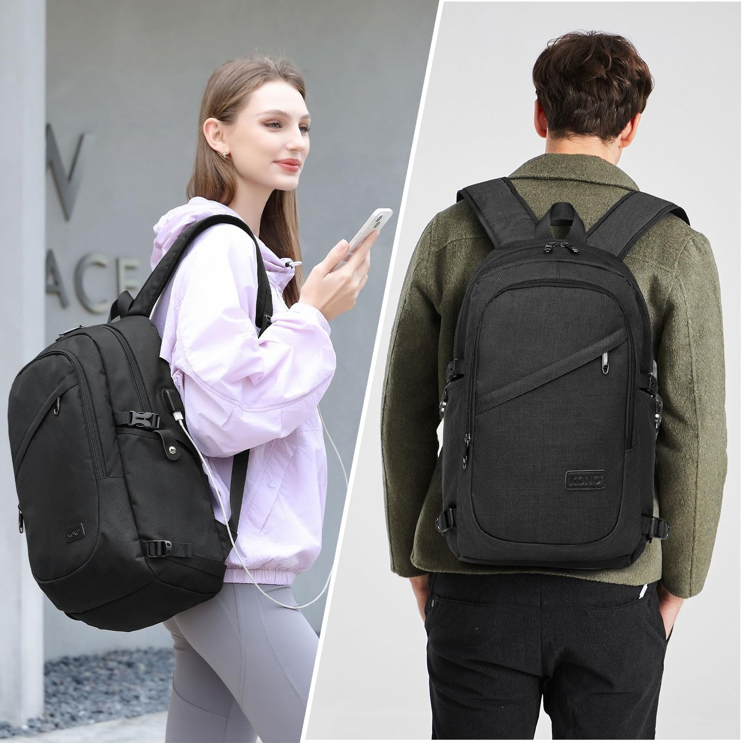 Kono Laptop Backpack, Anti Theft Rucksack for Men Women Travel Work 15.6 Inch Laptop Bag with USB Charging Port Lightweight School Bag for Girls Boys