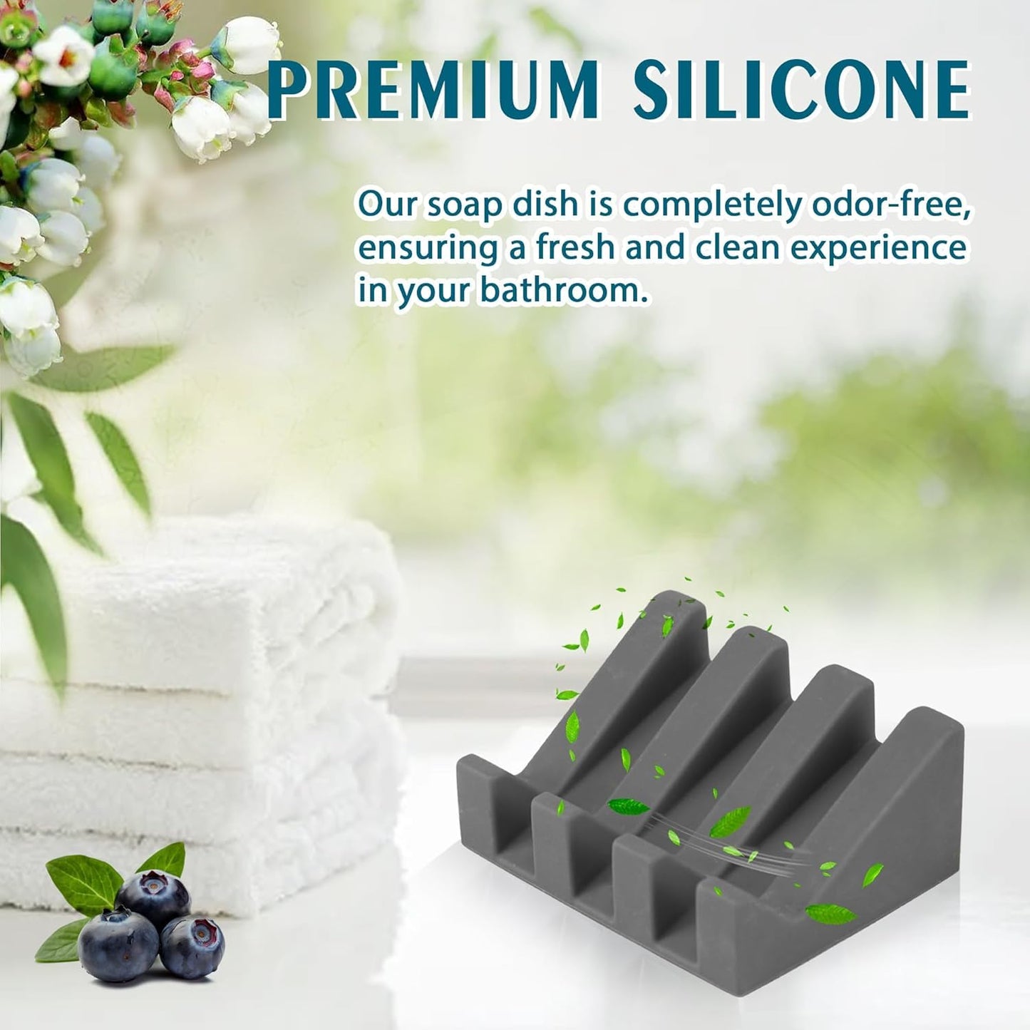Self Draining Silicone Soap Dish with Suction Cups - Non-Slip Bar Soap Holder for Shower & Kitchen, Waterfall Tray Keeps Soap Dry, Easy Clean, Extends Soap Life (Gray, 1)