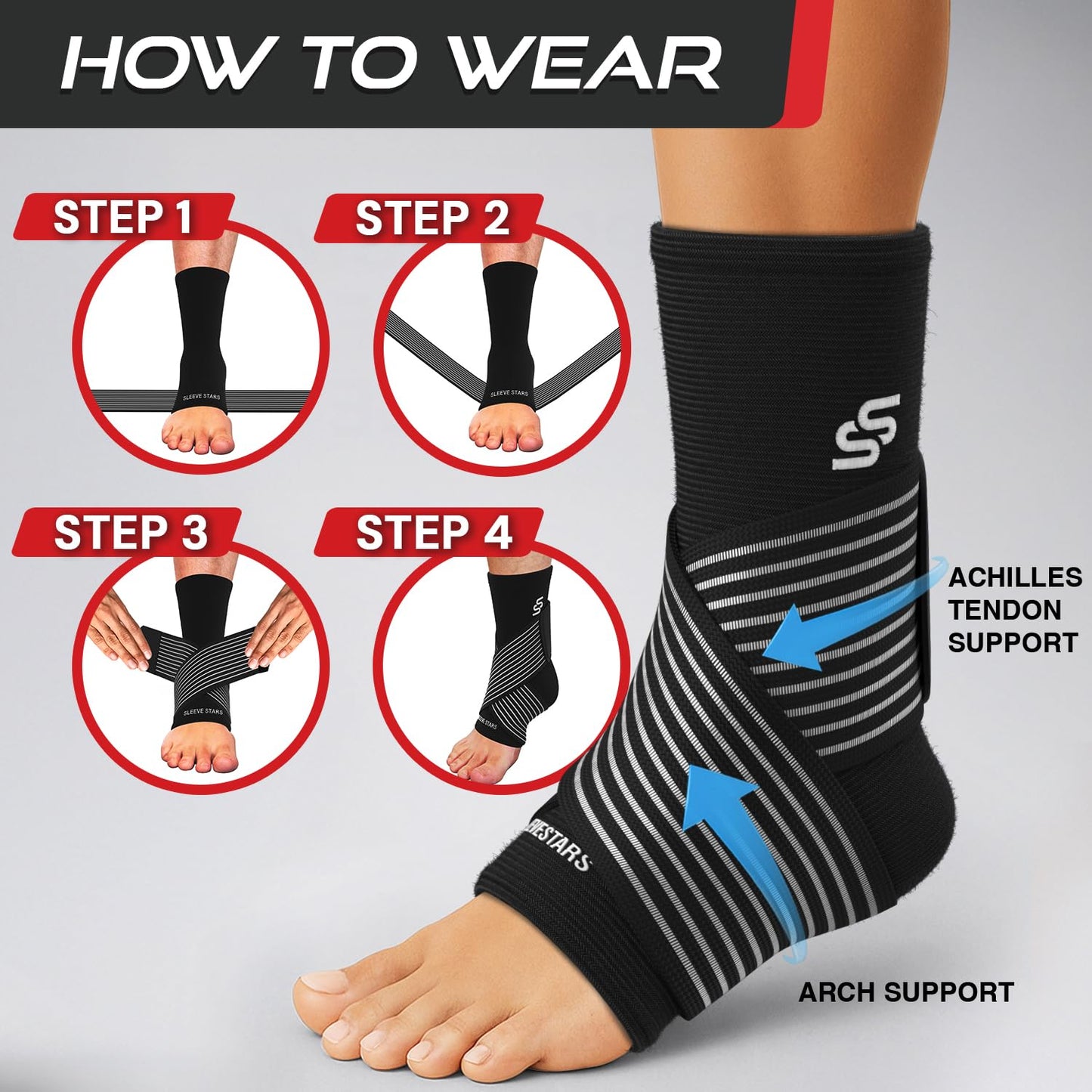 Sleeve Stars Ankle Brace for Women & Men, Ankle Wrap for Sprain, Compression Sleeve for Plantar Fasciitis Relief, Easy Customizable Support: w/Removable Strap (Single/Black)