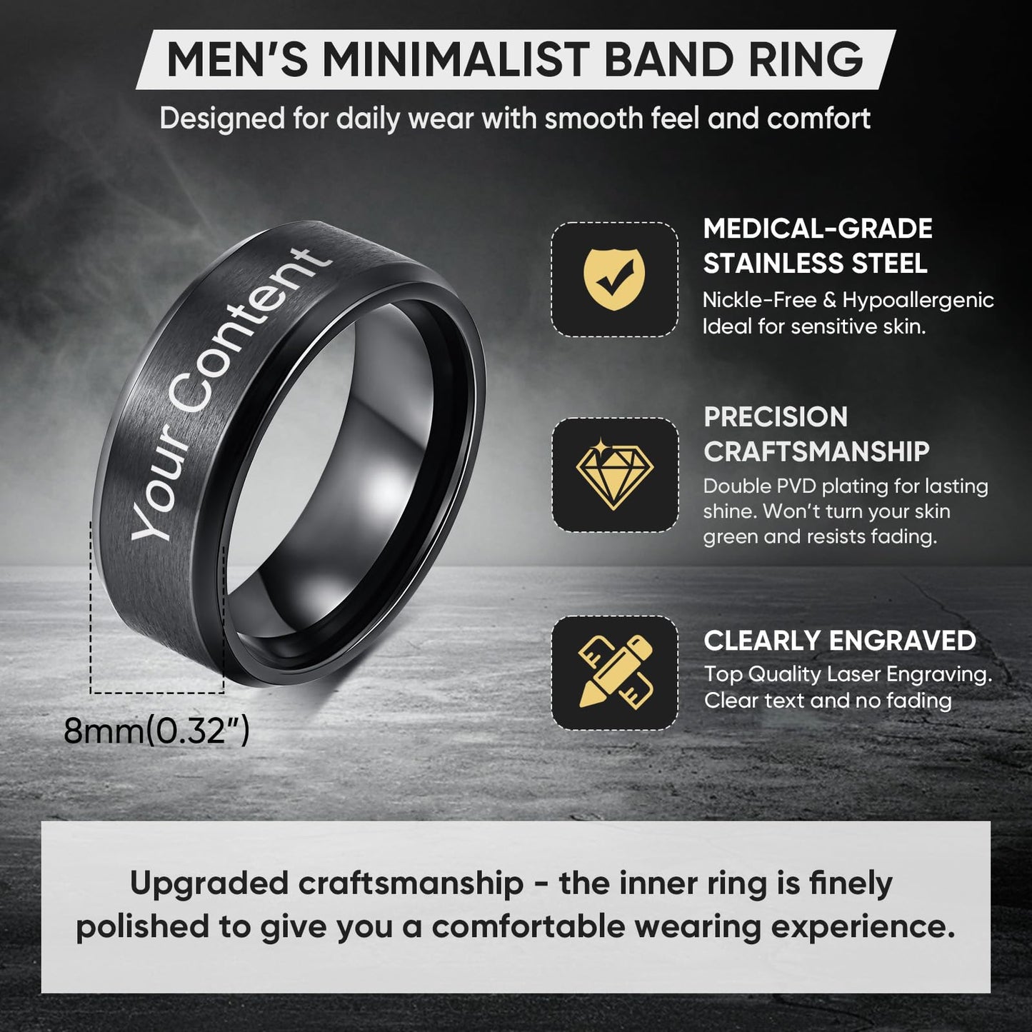 VNOX Customize Personalized Name Date 8MM Stainless Steel Simple Matte Brushed Finish Wedding Band Engagement Rings for Men Dad Husband,Size 12