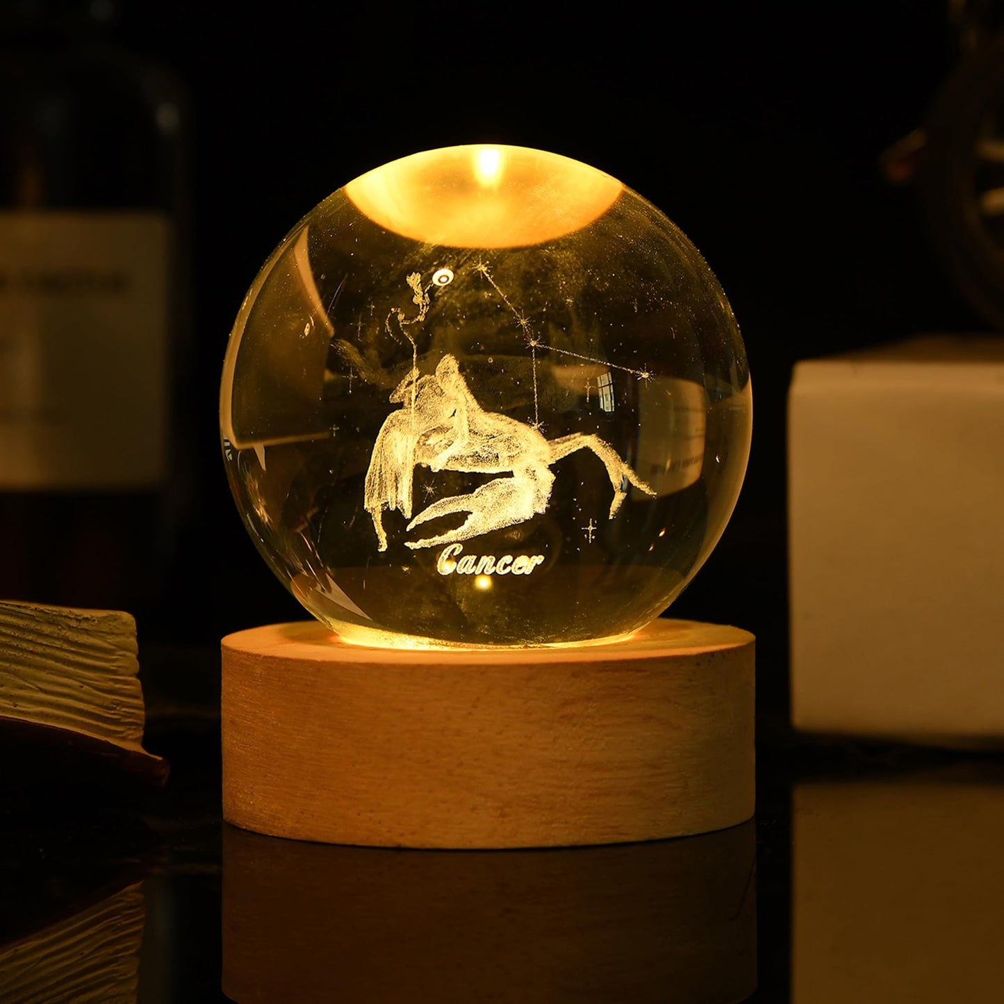 QIANCHANG 3D Etched Crystal Ball with LED Light Stand, Twelve Zodiac Cancer Constellation Decor Glass Sphere Lamp, Astrology Birthday Gifts for Women Kids