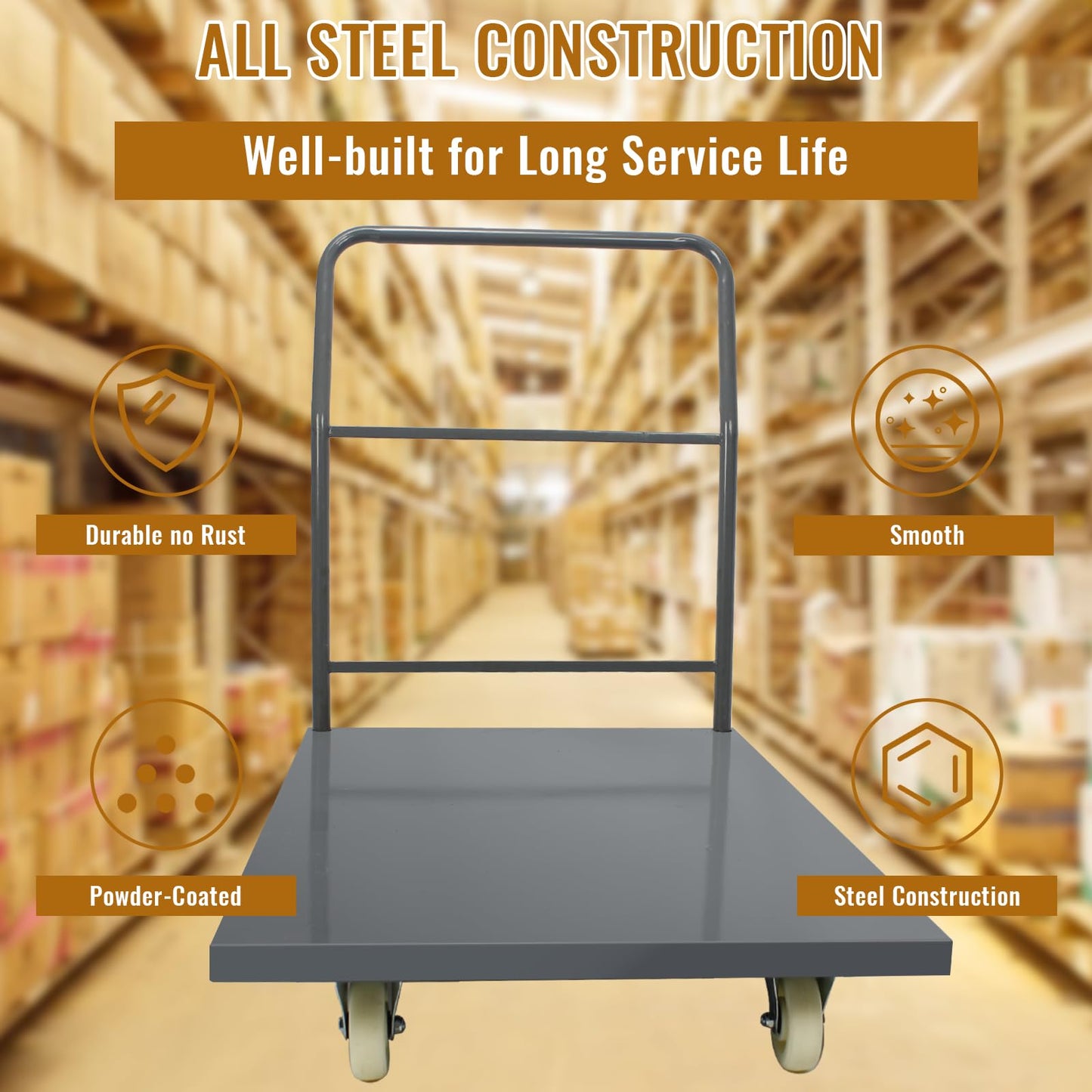 30"x60" Heavy Duty Flatbed Platform Cart 2000 lbs, Steel Rolling Platform Truck with Removable Handle and Swivel Wheels, Industrial Flat Dolly Cart for Warehouse, Office, Luggage Transport