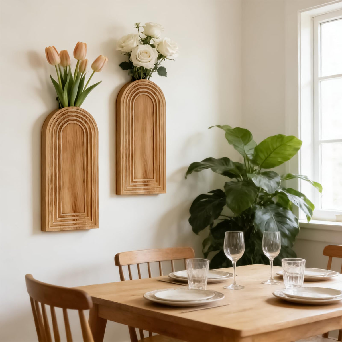 2 Pack Wooden Wall Vase Set, Boho Hanging Planter for Indoor Plants & Flowers, Wood Wall-Mounted Planters for Living Room, Modern Farmhouse Entryway or Bathroom, Rustic Art for Home (Brown)