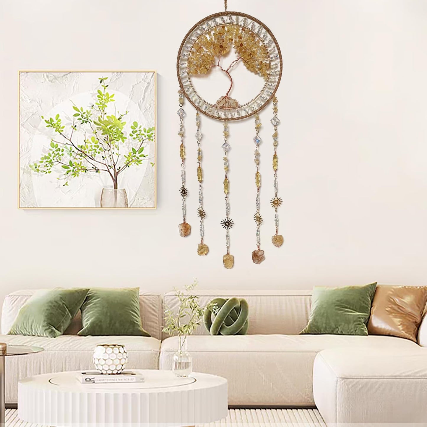 RAGKUU Crystal Tree of Life Dream Catchers with Stone Pendant Yellow Dream Catcher Wall Decor Handmade Dreamcatcher Wall Hanging Ornament for Bedroom Living Room Home Decor