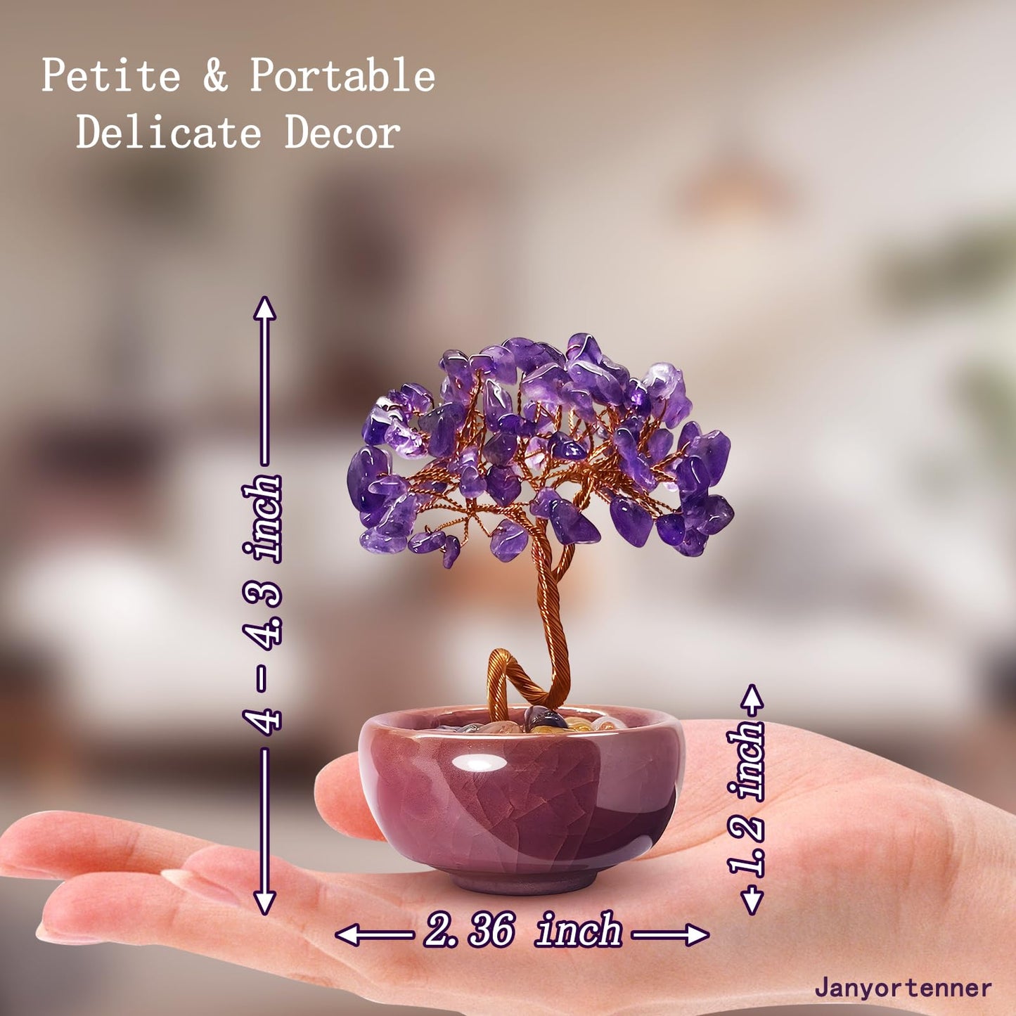 Janyortrenner Mini Amethyst Crystals Tree of Life,Mystical Energy Home Office Desk Decor,Handmade Crystal with Copper Wire and Crackle Glaze Base,Spiritual Gift