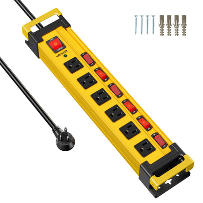 Power Strip Surge Protector 2700J with Individual Switches and Flat Plug, 3FT Heavy Duty Cord 6 Wide Spaced Outlet Mountable Metal Power Strips with Cord Manager and Hanger
