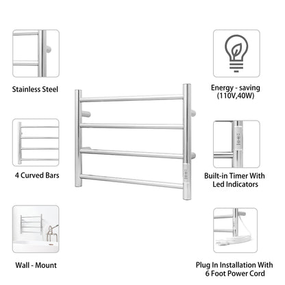 KEG Towel Warmer 8 Bars for Bathroom Freestanding or Wall Mounted Bath Towel Heater Plug-in with Built-in Timer Silver