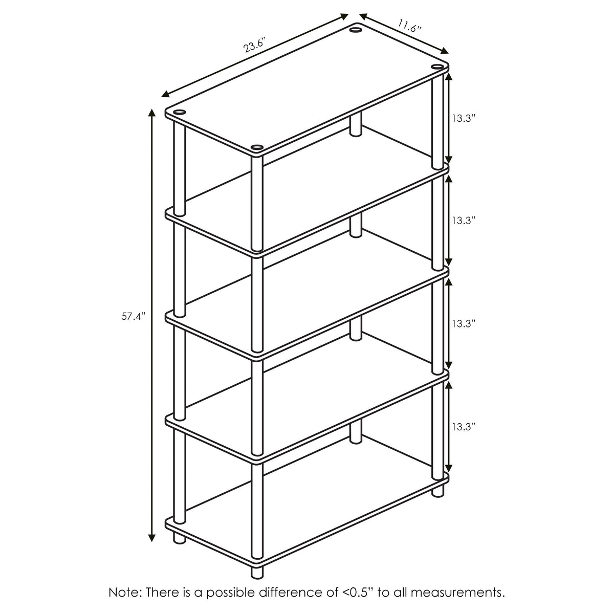 Furinno TURN-N-TUBE Storage Shelves, 5-Tier Book Shelf, Corner Shelf, Toolless Open Shelves, for Organization and Storage, Living Room, Garage, Home Office, Light Cherry