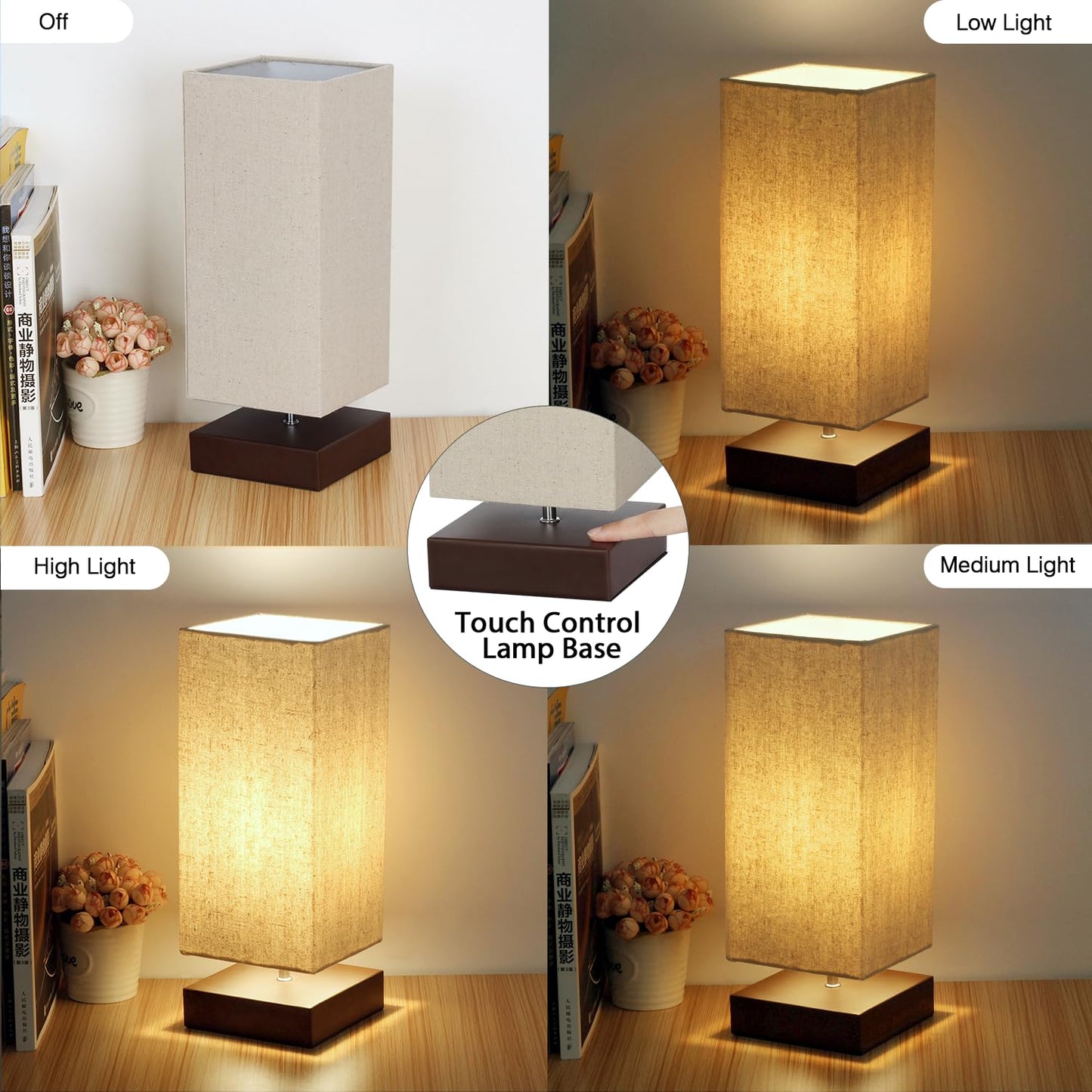 Touch Control Table Lamp Bedside 3 Way Dimmable Touch Desk Lamp Modern Nightstand Lamp with Square Fabric Lamp Shade Simple Night Light for Bedroom Living Room Office, Led Bulb Included