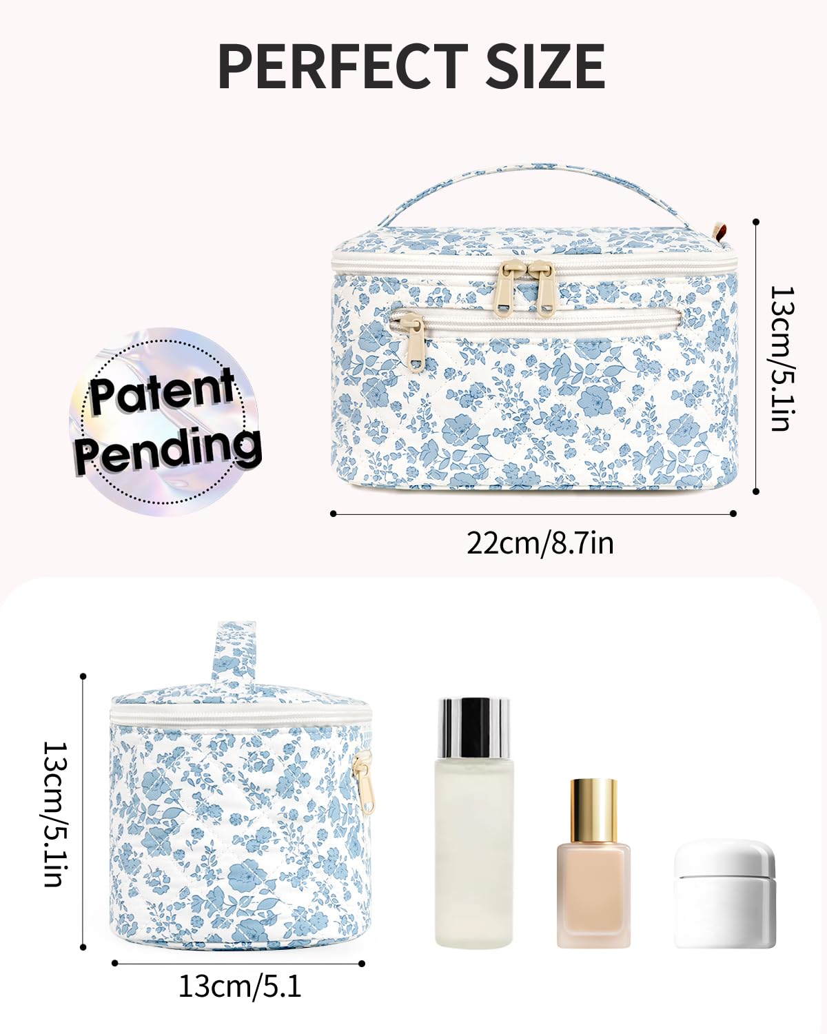 Travel Makeup Bag with Brush Compartment, Large Cosmetic Bags, Quilted Fabric Makeup Case with Handle, Water-Resistant for Women, Blue Flower (Patent Pending)