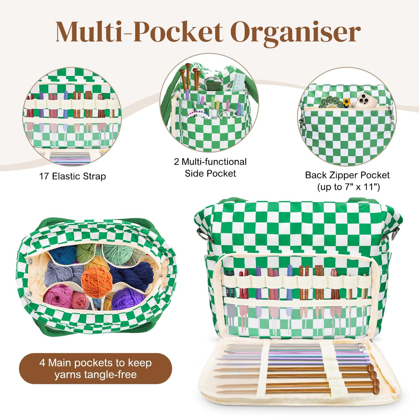 DALINDA Crochet Bag and Tote - Yarn Bag Crochet Storage Bag for Crochet Supplies,Crochet Accessories, Knitting Bag for Crochet Lovers, Ideal Crochet Gifts (Green Plaid)