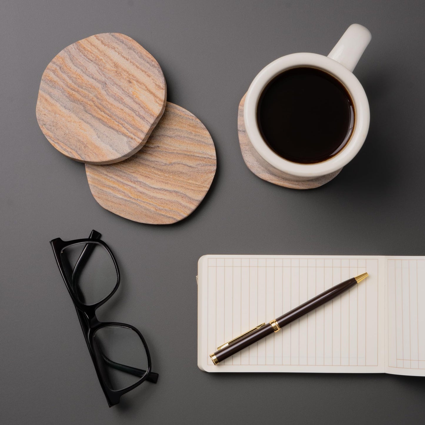Cork & Mill Absorbent Coasters Set of 4 - Water Absorbing Sandstone Coasters for Drinks - Perfect for Coffee Table, Office Desk, Outdoor, Bedroom Nightstand - 4" Round - Unique Irregular Edge Design