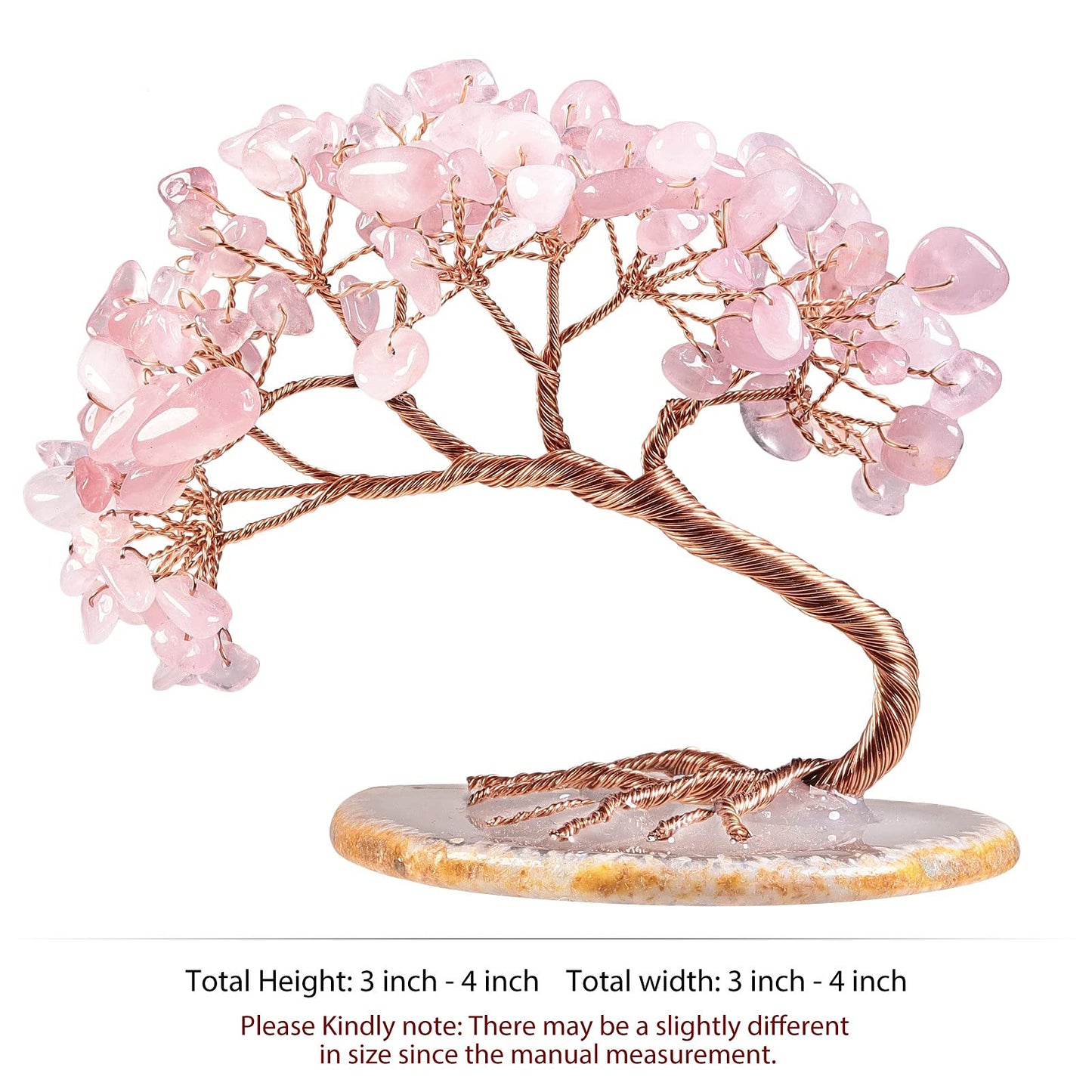 TUMBEELLUWA Reiki Crystal Money Tree with Agate Slice Base Feng Shui Stone Bonsai Tree Figure Decor for Happiness Good Luck and Wealth, Rose Quartz