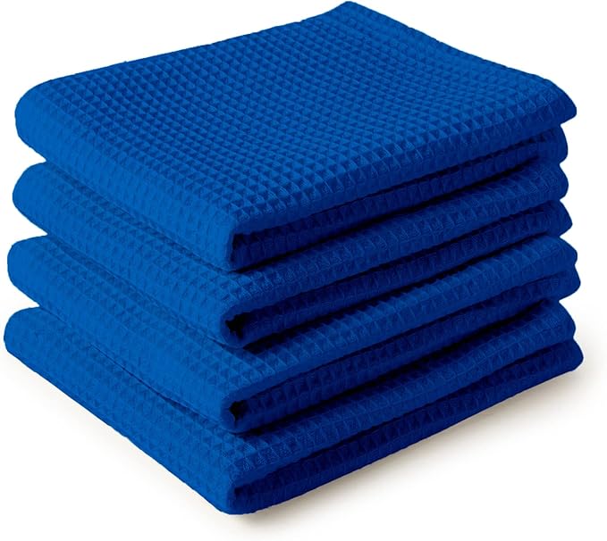 Encasa XO Kitchen Dish Towels Set | Blue | Waffle Weave and Flat Hand Tea Towel