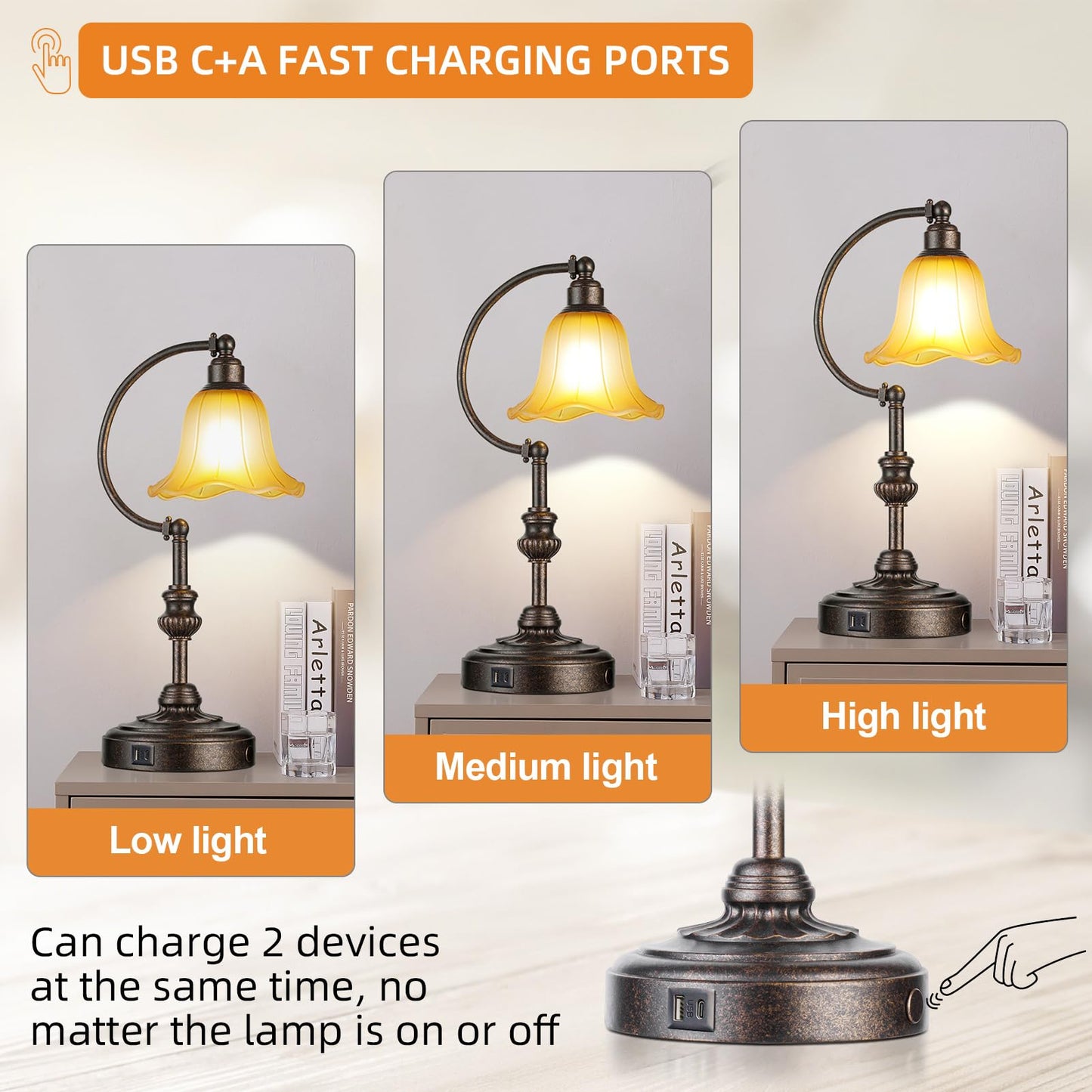 RORIA Touch Farmhouse Table Lamp for Living Room with USB C+A Ports