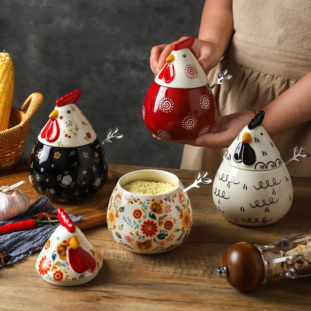 Sizikato Porcelain Condiment Pot with Lid and Spoon, Red Chicken Shape Ceramic Salt Bowl Sugar Bowl for Kitchen