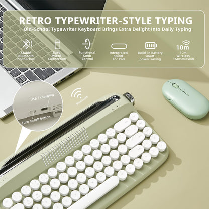 YUNZII Upgraded Wireless Typewriter Keyboard,with Retro Integrated Stand,USB-C/Bluetooth,Cute Round Keycaps, USB-C/Bluetooth Connection for Table, Phone, PC and Win/Mac/Android (B309, Baby Pink)