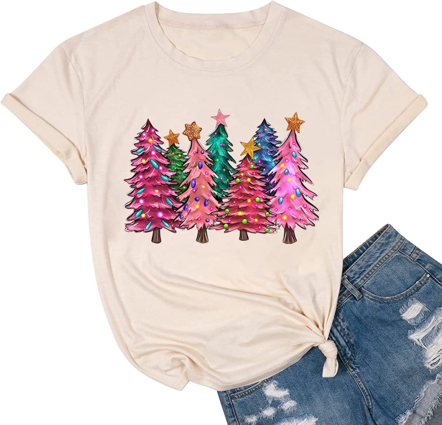 hcihgzr Merry Christmas Shirts for Women Funny Xmas Tree Graphic T-Shirt Christmas Casual Holiday Short Sleeve Tee Tops（M,2 Apricot）