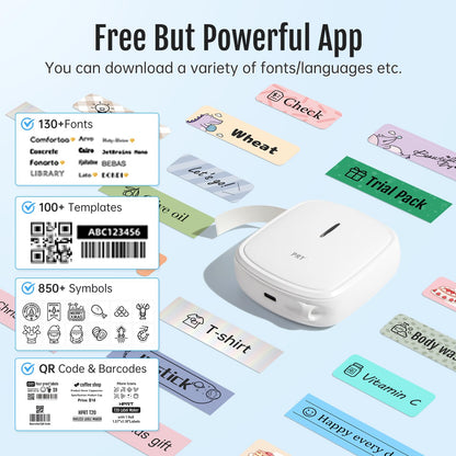PRT Label Makers Machine with Tape Built-in Cutter Portable Bluetooth Handheld Sticker Printer for Home Office Organization iOS Android Mini Inkless Labeler USB Rechargeable- White