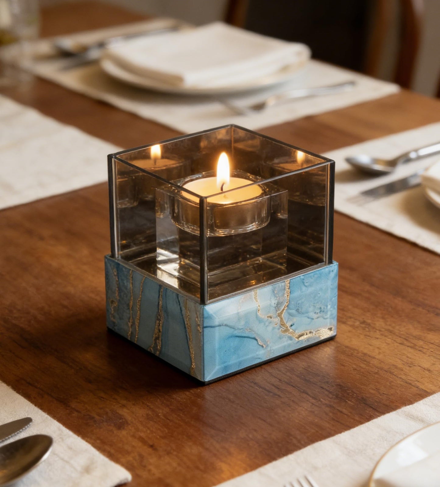 Timetrace Crystal Glass Candle Holder Suqare with Marble Pattern-Tealight and Votive Candles Holders Centerpiece Table Decorations for Home Décor, Dining Room, Kitchen, Patio (Blue)