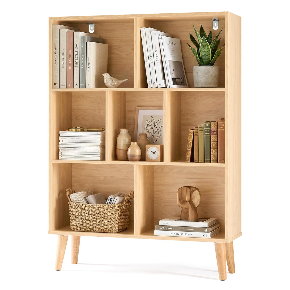 DUMOS Book Shelf, 7 Cube Storage Organizer with Legs, 3-Tier Modern Wooden Bookcase, Open Standing Display Shelf for Living Room, Bedroom, Office, Light Pine