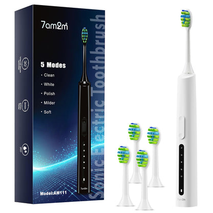 7AM2M Sonic Electric Toothbrush for Adults and Kids, 40000VPM Power Toothbrushes, USB-C Rechargeable with 4 Brush Heads, 5 Modes, 2 Minutes Built in Smart Timer, One Charge for 60 Days (Black)
