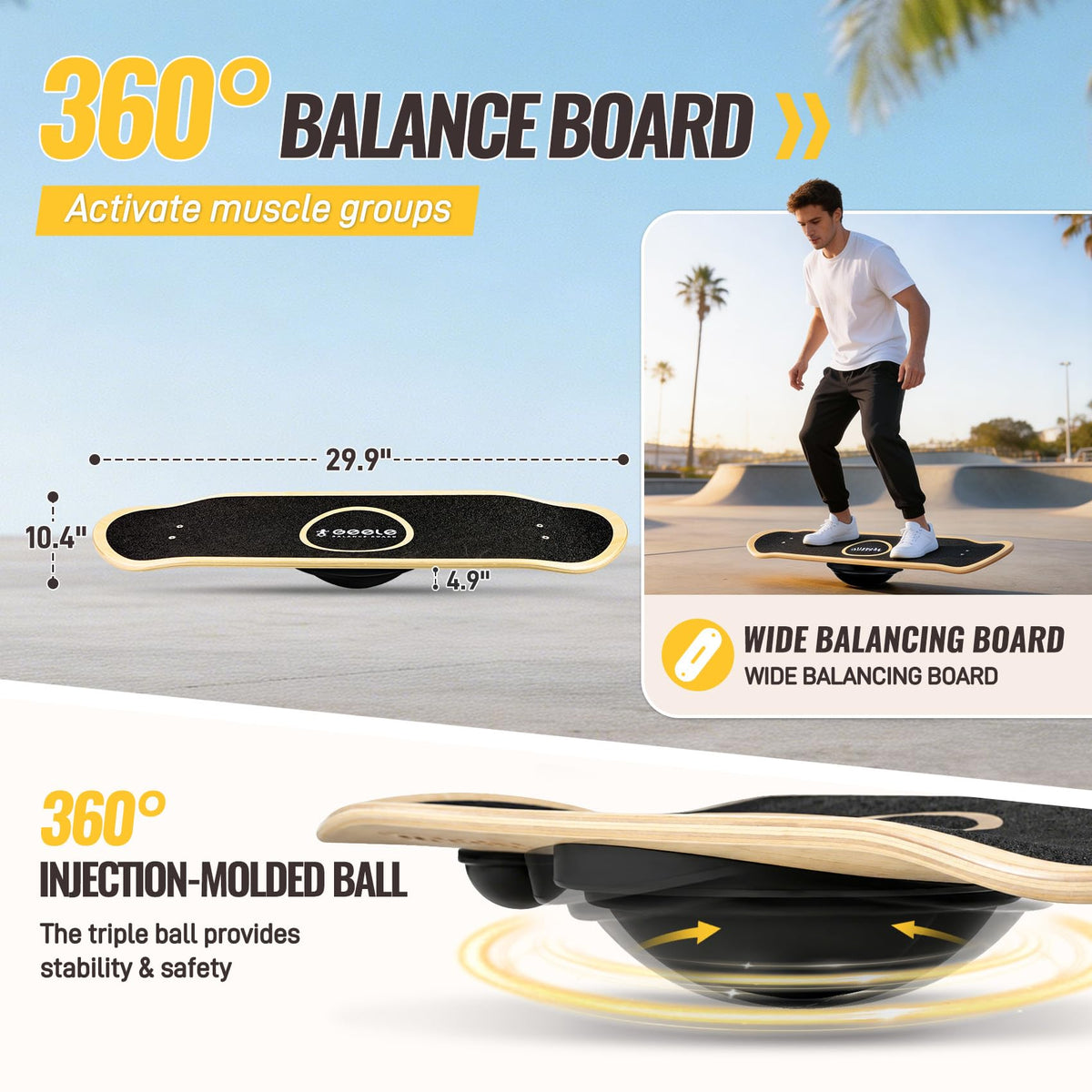 Balance Board with 360° Rotation, Solid Wobble Board for Adults & Kids, Balance Trainer for Strength Training, Surfing and Skiing, Anti-Slip Surface Whirl Board, Home, Office Exercise Wooden Board