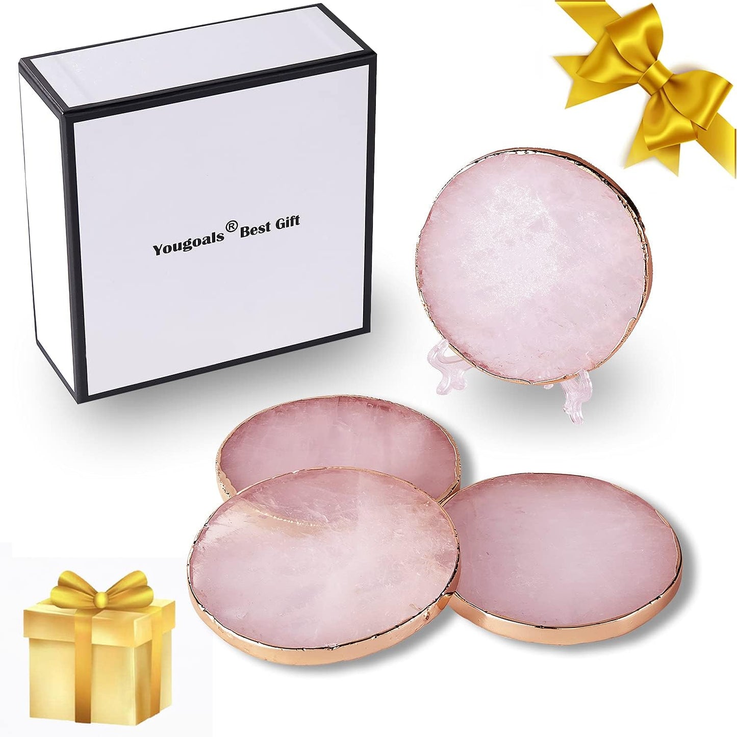 Yougoals Rose Quartz Coaster Single with Stand (4 PCS),Pink Round Agate Coaster for Drinks,Natural Rose Crystal Stone with Golden Edge, Gemstone Geode Decor Gifts