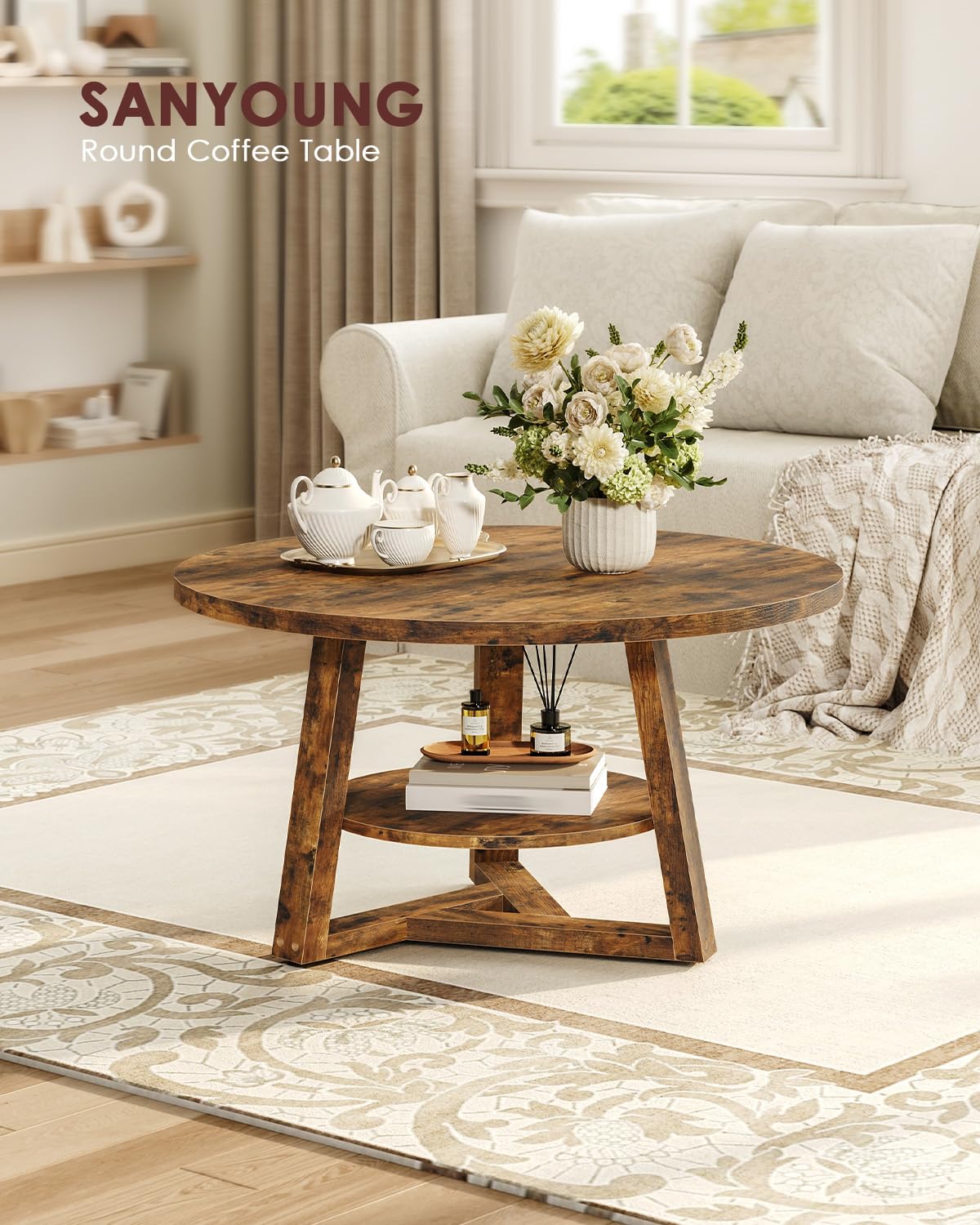 SANYOUNG Round Coffee Table, Small 2-Tier Center Table for Small Spaces