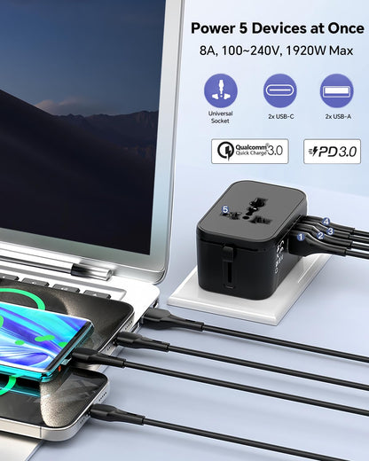 Universal Travel Adapter Worldwide, GaN Fast Charging with PD 3.0 USB-C & USB-A Quick Charge Ports, All-in-One International Power Plug Adapter Converter AC Wall Charger for Europe USA UK AUS Black