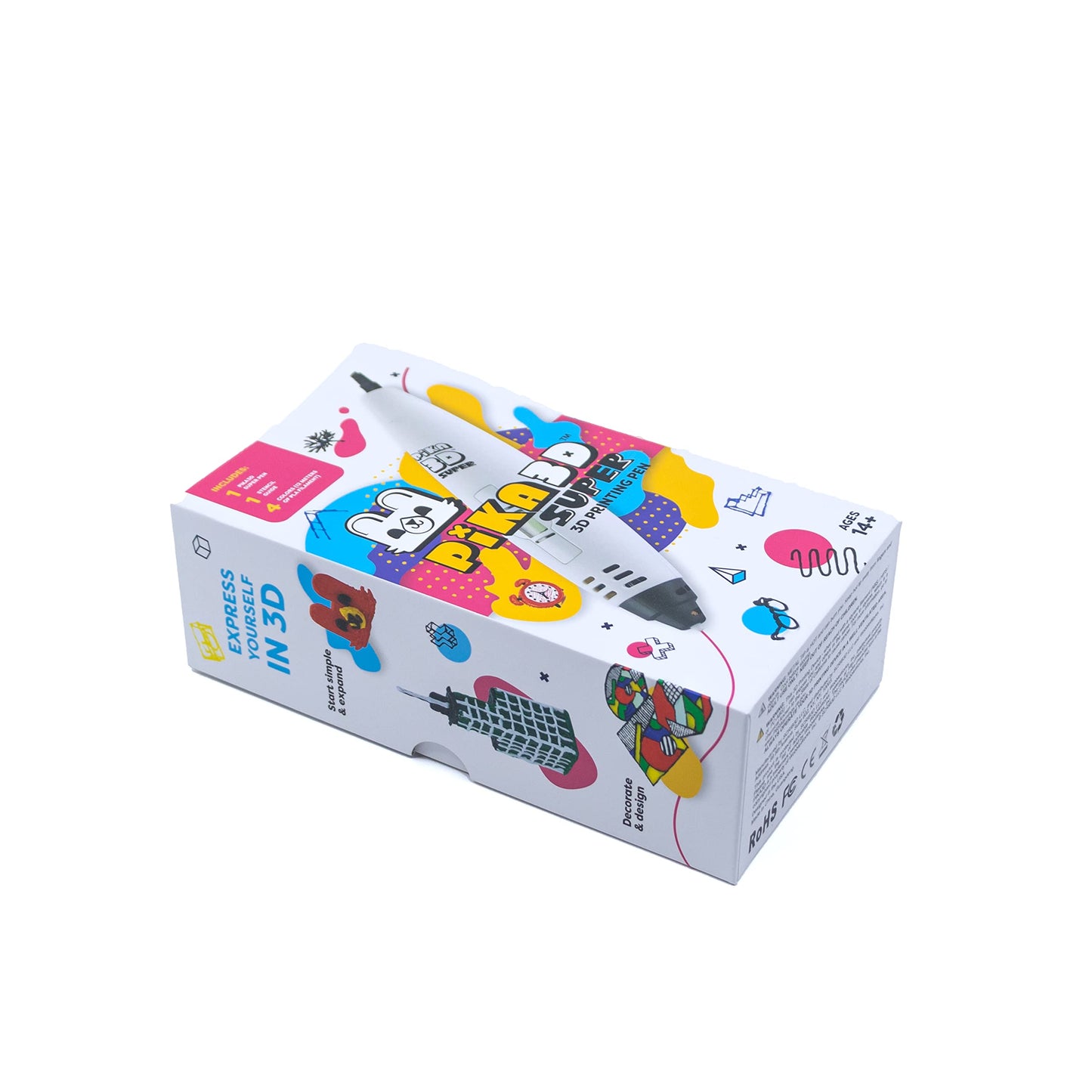PIKA3D Super 3D PRINTING PEN - Includes 3D Pen, 4 Colors of PLA Filament Refill with Stencil Guide and User Manual, White