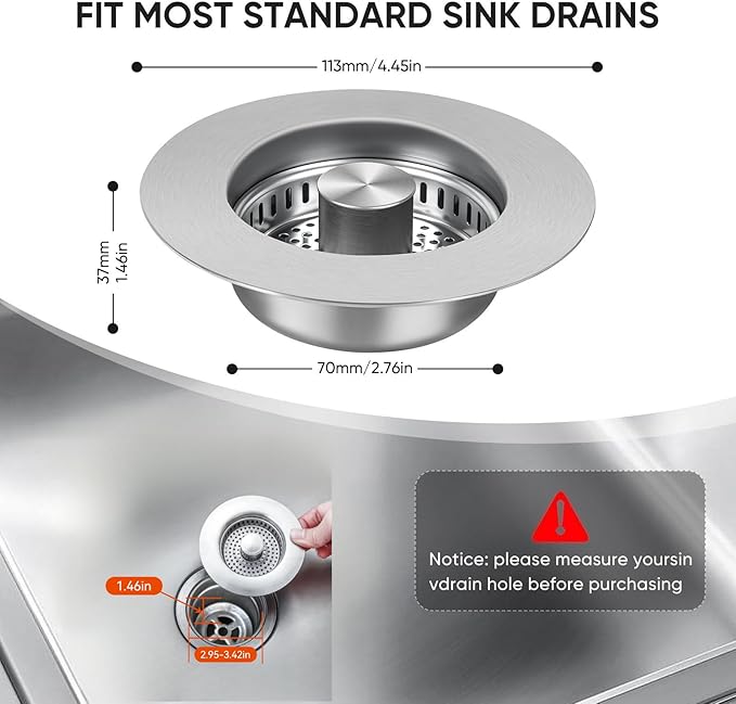 Upgraded 3 in 1 Kitchen Sink Drain Strainer & Sink Stopper, 304 Stainless Steel