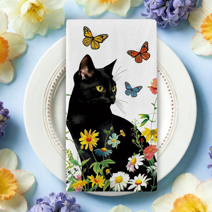 Croar Spring Summer Black Cat Floral Kitchen Dish Towels Set of 2, Daisy Flower Butterfly Drying Hand Towel Baking Cooking Cloth, Wildflower Bathroom Home Decoration Pet Cat Owner Lover Gift 18''x26''