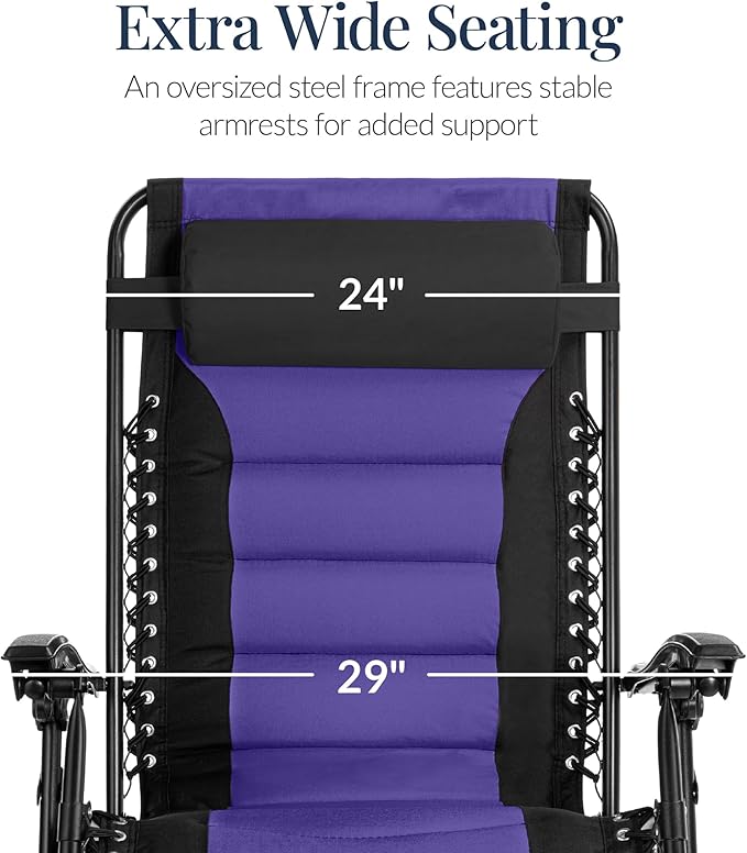 Best Choice Products Oversized Padded Zero Gravity Chair, Folding Outdoor Patio Recliner, XL Anti Gravity Lounger for Backyard w/Headrest, Cup Holder, Side Tray, Polyester Mesh - Black/Purple