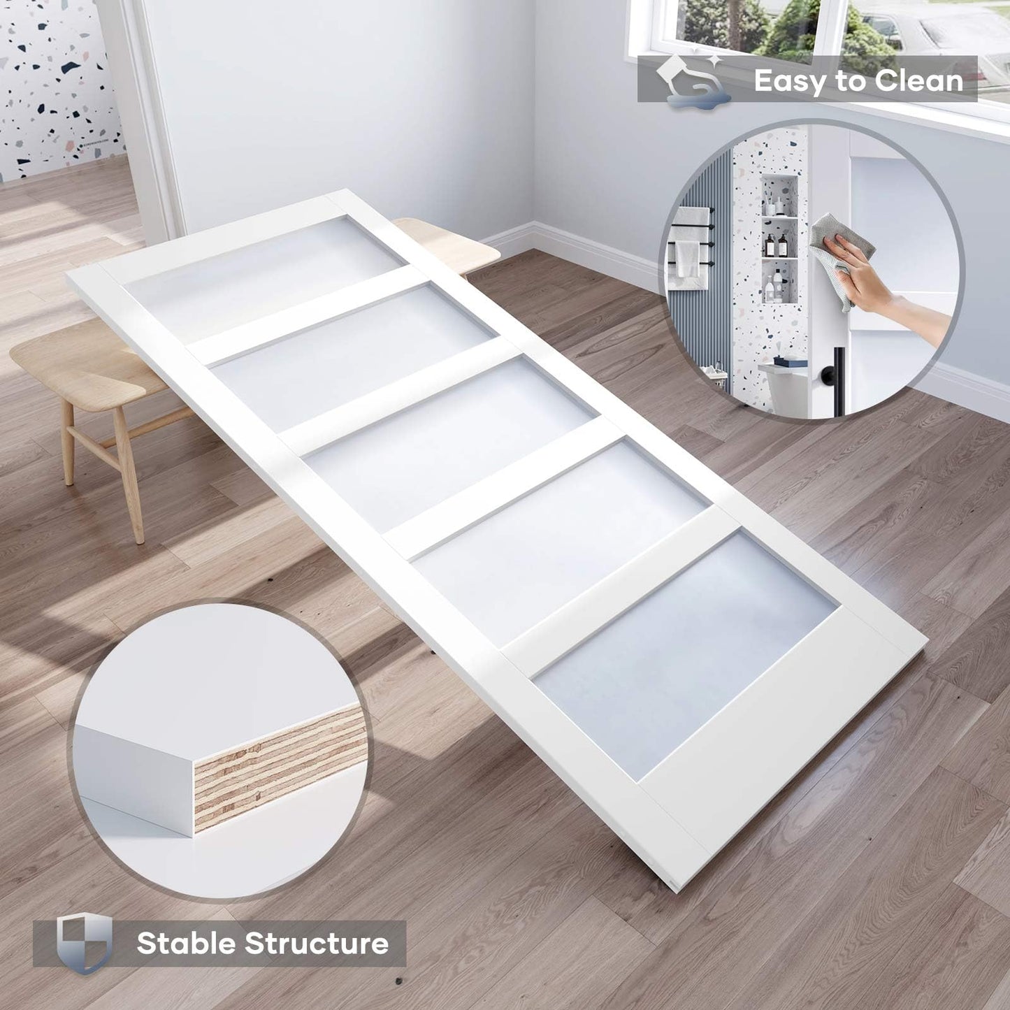 ROYMELO 38x84 Inch Glass Sliding Barn Door Slab and 6.6ft Hardware Kit Included, 5 Frosted Glass, LVL Wood Panel Covered with White Water-Proof Scratch-Proof PVC Surface, Simple DIY Assembly