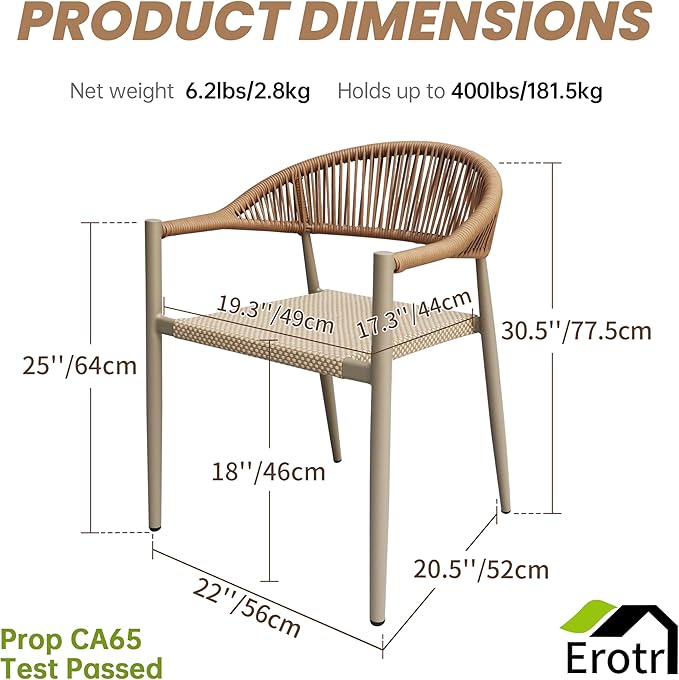 8 Pcs Stackable Patio Dining Chairs, Aluminum Rattan Outdoor Dining Chair with Arms, Woven Rope Garden Armchair Metal No Assembly for Bistro Balcony Porch Deck Yard Cafe Restaurant, Light Brown
