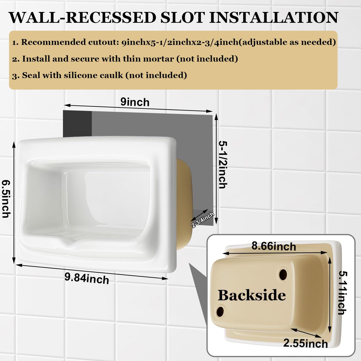 Acellegic 1 Pcs 9.8 x 6.5 White Vintage Recessed Ceramic Soap Dish for Shower Wall, Space-Saving, Large Retro Ceramic Soap Holder, Self-draining Built-in Holder for Bathroom & Laundry Keep Dish Dry
