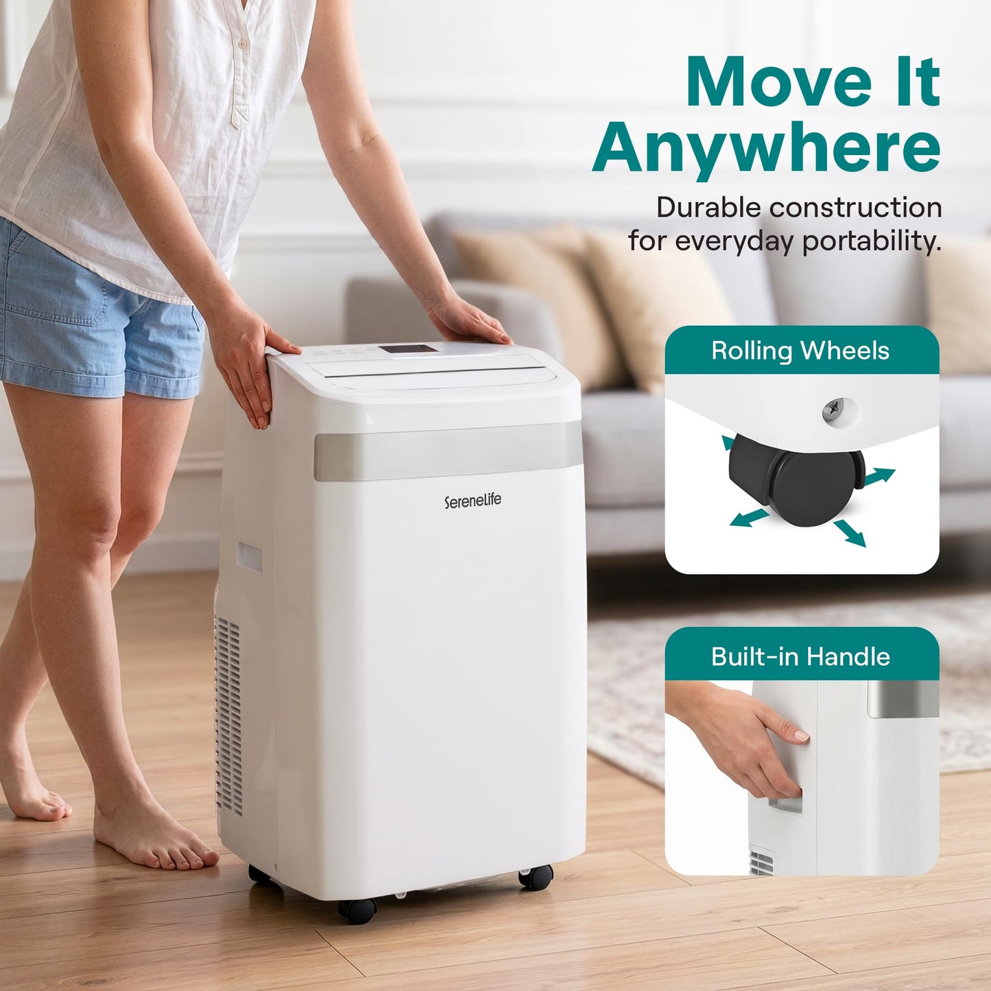 SereneLife Portable AC Unit and Heater, Adjustable Temperature with 12,000 BTU Cooling & Heating, Smart Wi-Fi Control, Dehumidifier & Fan Modes, Portable AC Units for Rooms with Window Mount Kit White
