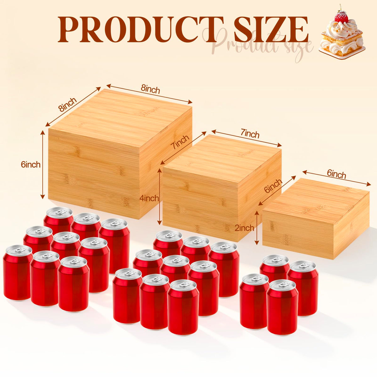 Fiwochic 3 Pcs Bamboo Buffet Risers, 6'' 7'' 8'', Large Food Risers for Buffet Table, Cake Display Stand Cube Box for Wedding Party Catering Dessert Jewelry Home Decor