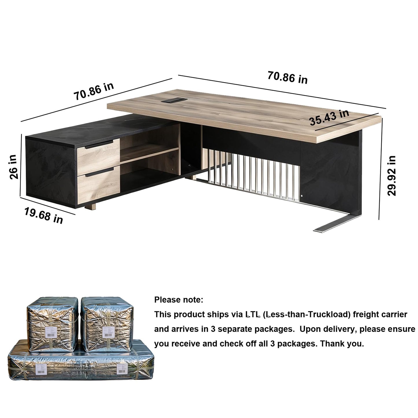 70.86 Inch Large Executive Desk with Drawers Cabinet, L Shaped Office Desk, Computer Desk with Universal Charging Ports and Cable Management for Business Furniture Set Workstation for Home Office
