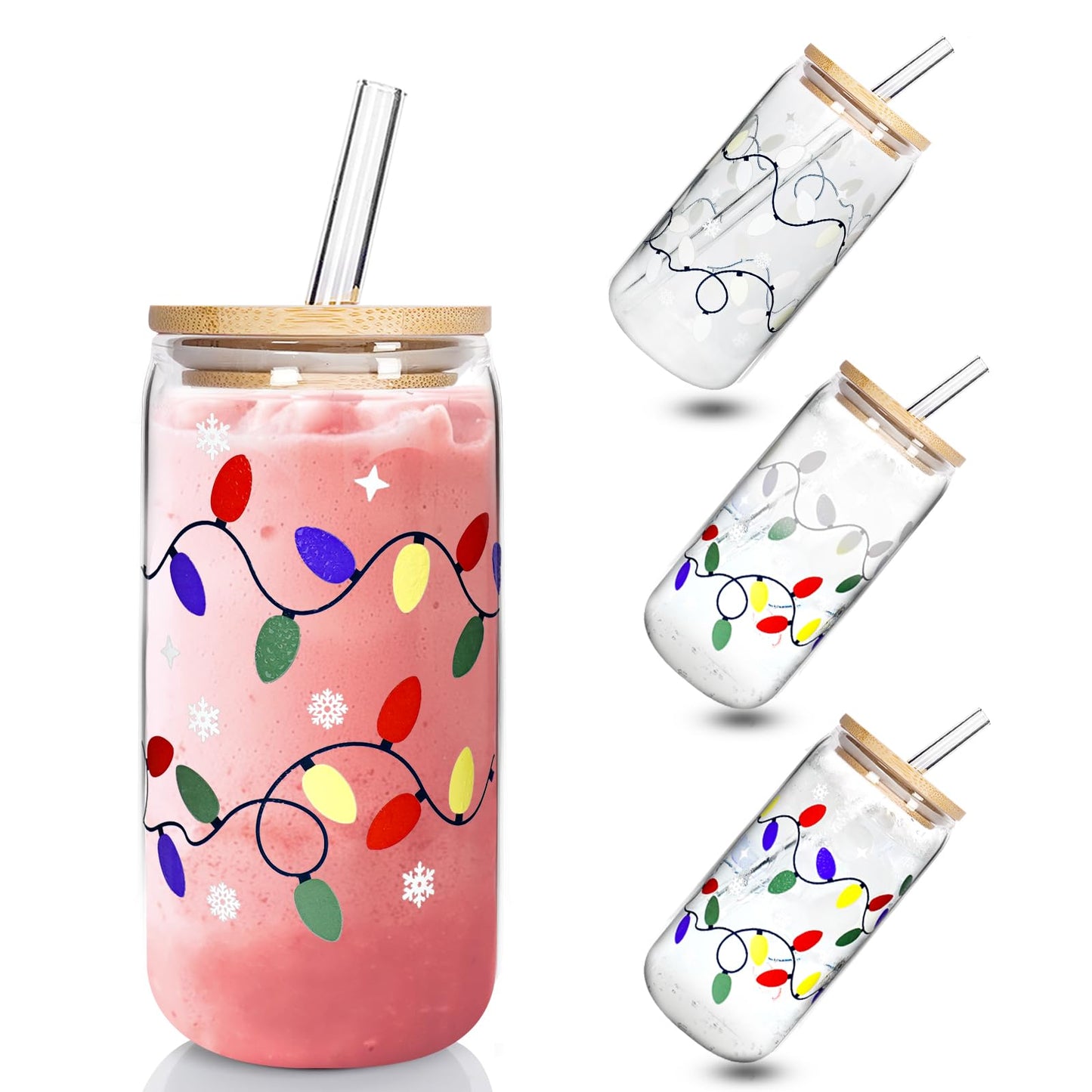 Mason Life Color Changing Christmas Cup, Cute Glass Cups with Lids and Straws, 18oz Iced Coffee Cup, Drinking Glasses Reusable Travel Coffee Mug, Valentines Day, Birthday Gift for Her- 1 Pack